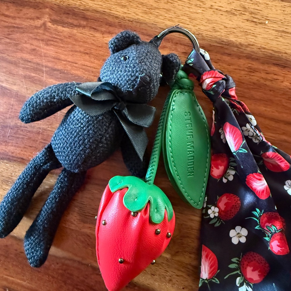 Steve Madden Red & Green Strawberry and Black Bear Keychain Set